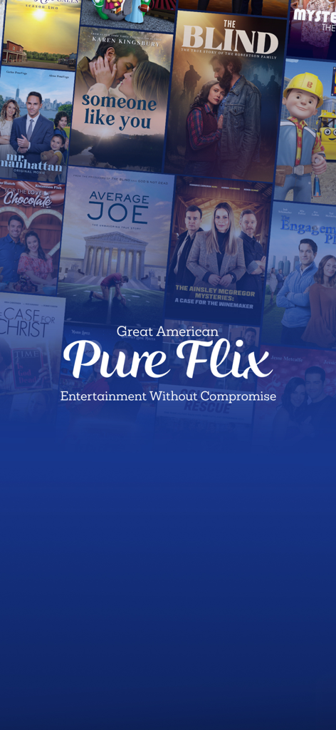 Great American Pure Flix streaming app interface showing faith based movies and family friendly shows