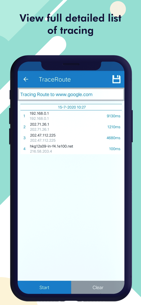 Ein mobiler Bildschirm mit den Traceroute-Ergebnissen für eine Website, einschließlich IP-Adressen und Latenzmessungen.