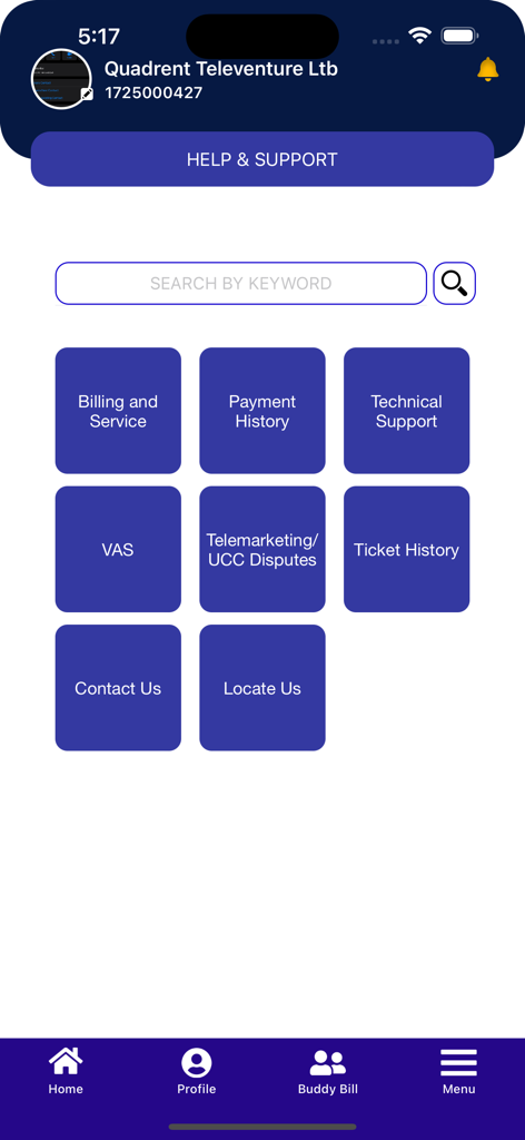 Help and Support interface of the Connect Broadband mobile app displaying various service categories