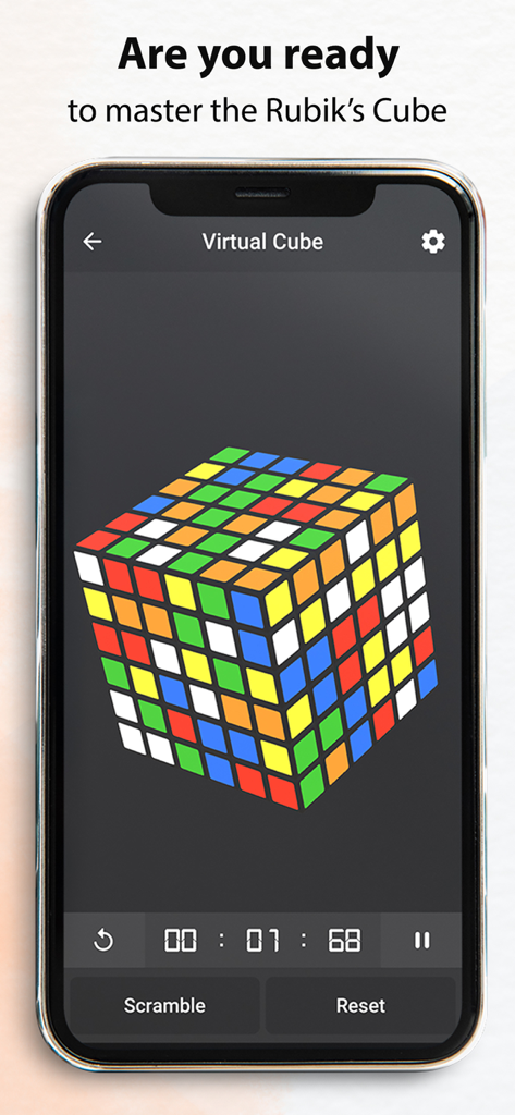 A 5x5 virtual Rubik's cube puzzle with a timer on a mobile phone screen