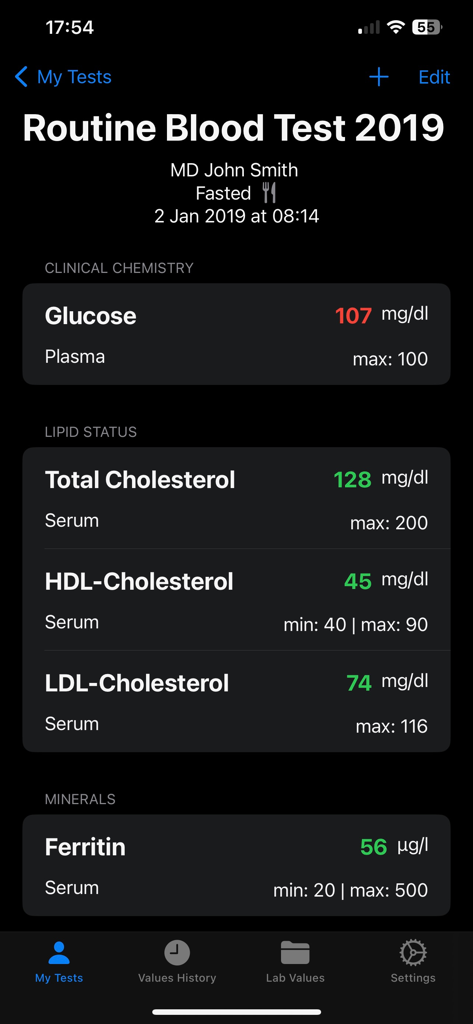 Lab Tracker - Routine blood test results showing glucose and cholesterol levels in Lab Tracker.