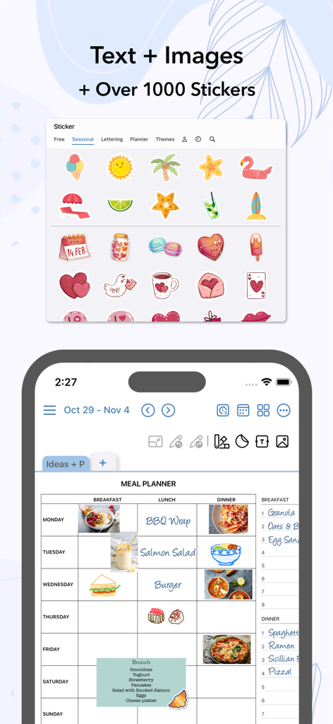 Modello di planner alimentare digitale AJournal con immagini di cibo e vari adesivi colorati.