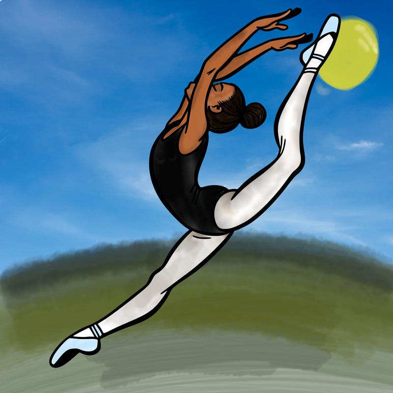 gymnast doing a leap in a leotard with a bent back leg