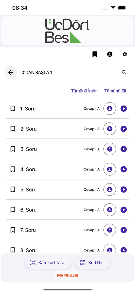 A mobile interface for the UcDortBes app showing a list of numbered questions with options to play video solutions or download them.