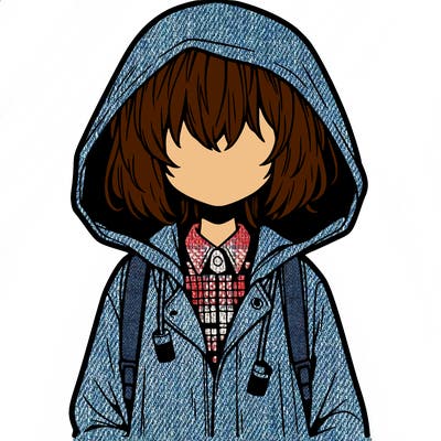 little anime girl in a raincoat her hair is covering her eyes she has a lighter