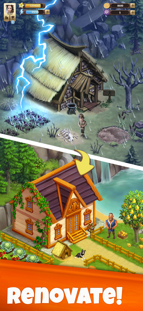 Farland: Adventure Story - Comparación de una cabaña en ruinas y una casa renovada en Farland Adventure Story