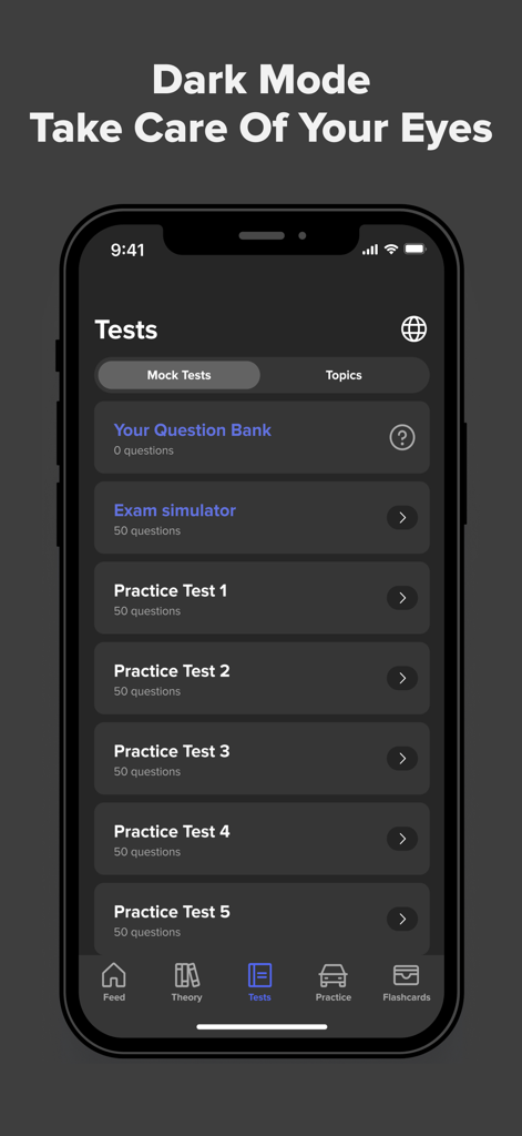 Driving Theory Test Prep 2025 - Interfaz de la aplicación Driving Theory Test Prep 2025 que muestra una lista de pruebas simuladas y de práctica en modo oscuro.