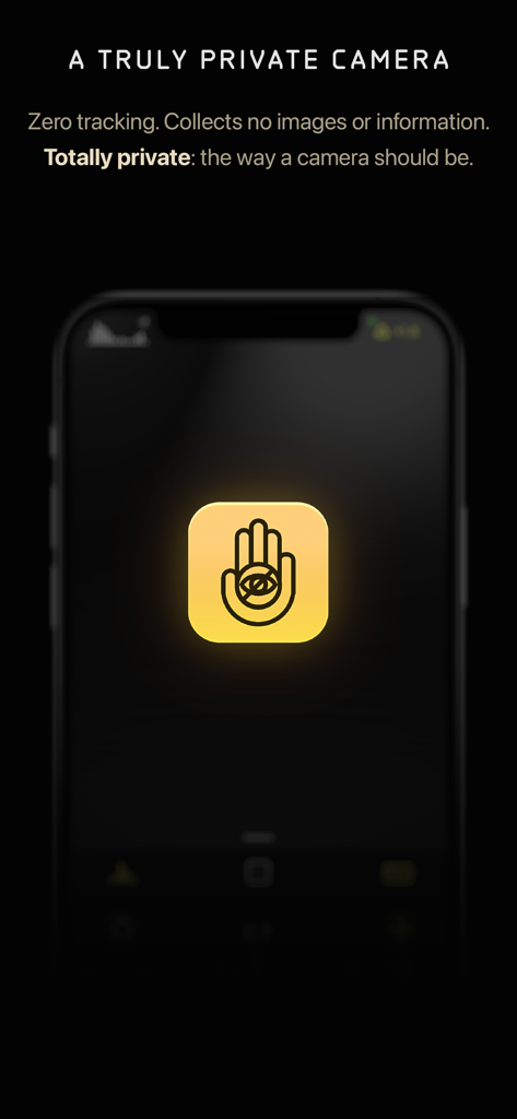 Halide Mark II - Pro Camera - Captura de pantalla de Halide Mark II que destaca sus funciones de privacidad con una descripción de texto de cero rastreo y sin recopilación de datos