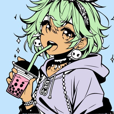 hot baddie anime girl drinking boba and biting the straw