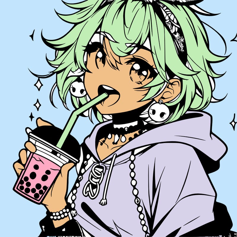 hot baddie anime girl drinking boba and biting the straw