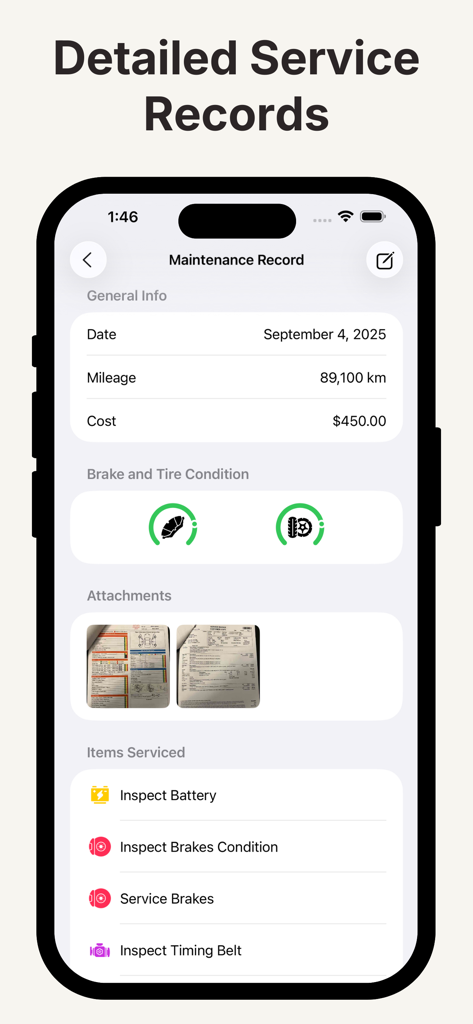 Detalle del registro de servicio de mantenimiento del coche que muestra los costes de kilometraje y los recibos adjuntos.
