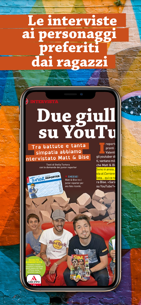 Captura de pantalla de la aplicación Focus Junior que muestra un artículo de revista en italiano sobre YouTubers populares para niños