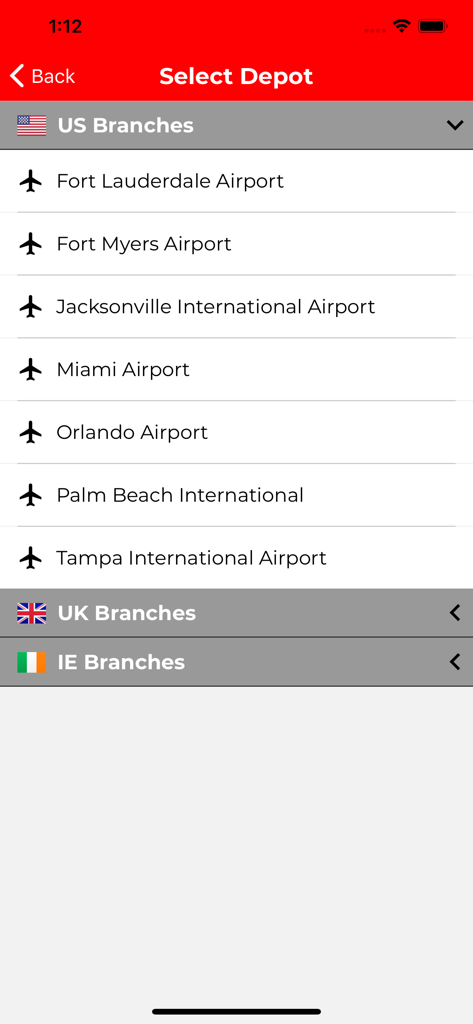 Easirent - Easirent app interface for selecting rental car depot locations in the US