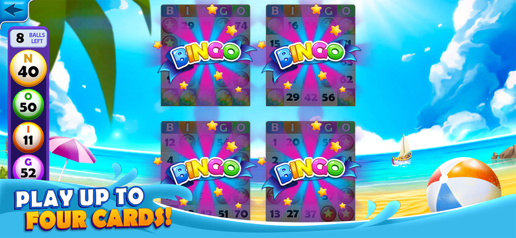 Bingo Mania™ Live Bingo Games - Bingo Mania gameplay screen showing four bingo cards played simultaneously on a tropical beach background