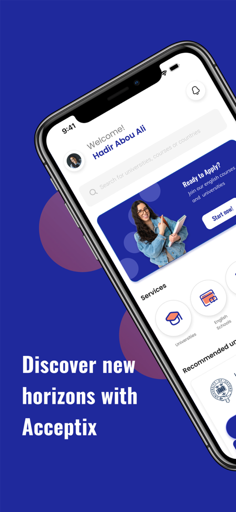 The home screen of the Acceptix app showing university search and application features for students.