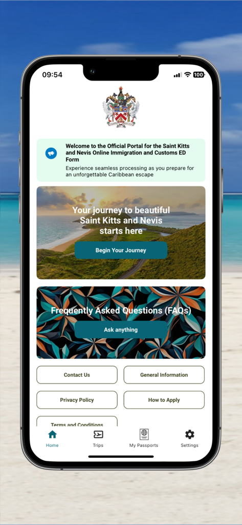e-Border - St. Kitts & Nevis - Home screen of the official e-Border St. Kitts and Nevis app featuring buttons to begin travel forms and access FAQs.