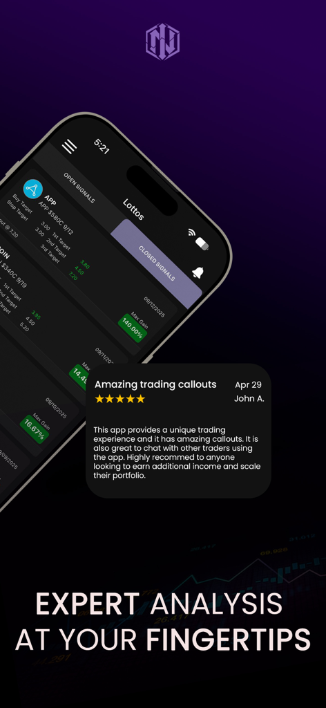 Internative Traders - A mobile app screen for Internative Traders showing professional trading signals with a five star user review for trading callouts