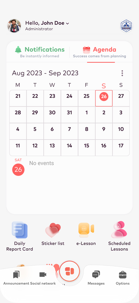 Ekid+ - Tela do aplicativo Ekid plus mostrando a agenda do administrador com um calendário mensal e menu de navegação de gestão escolar