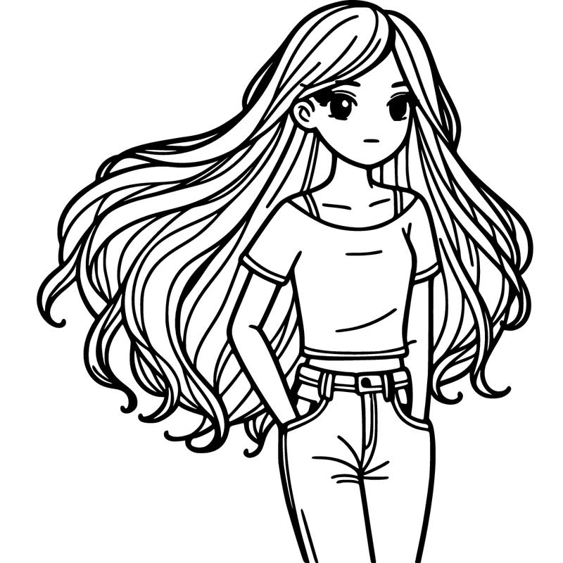 a girl in jeans and long hair