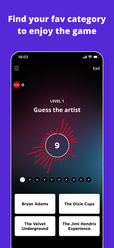 Écran du jeu de quiz musical dans l'application IMUSIC, montrant un défi pour deviner l'artiste