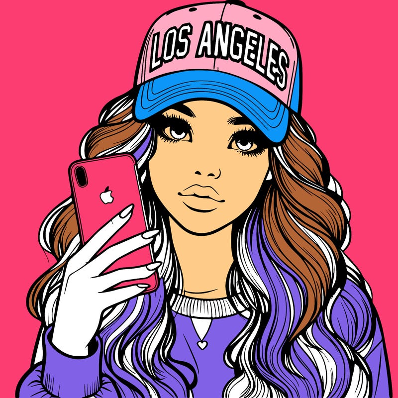 realistic beautiful girl wearing los ángeles cap holding an iphone