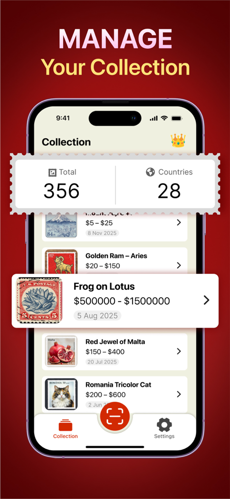 Digital stamp collection manager showing identified stamps and estimated market values on a smartphone