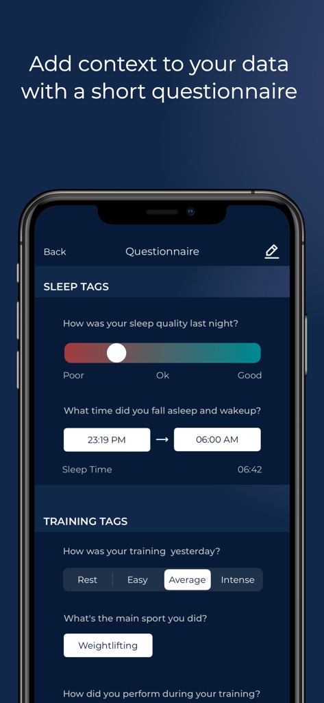HRV4Training app questionnaire screen for tracking sleep quality and training intensity