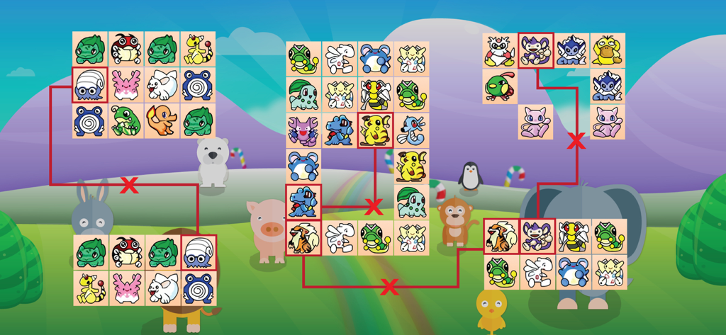 Una pantalla que muestra las mecánicas de combinación de fichas de Connect 2 Candy con personajes de dibujos animados y líneas de conexión.