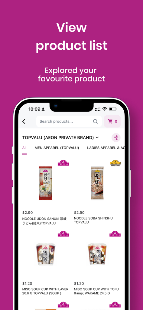 AEON Online - Interfaz de la aplicación móvil AEON Online que muestra una lista de productos de marca privada Topvalu y precios