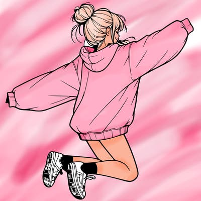 realistic girl jumping with a bun and oversized sweatshirt