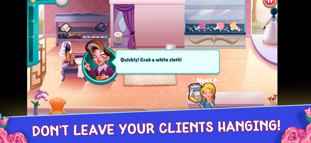 Wedding Dash: Dress-Up Games - A gameplay screenshot of Wedding Dash showing a character giving instructions in a bridal shop with the text Don't leave your clients hanging.