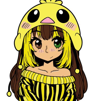 anime girl with chick shaped hat with sweater with bare shoulders with bangs covering them one eye with low tail