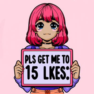 realistic girl holding up a sign that says “pls get me to 15 likes!”