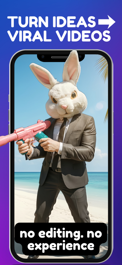 Funderated AI Video Generator app interface showing a viral video concept with no editing experience needed