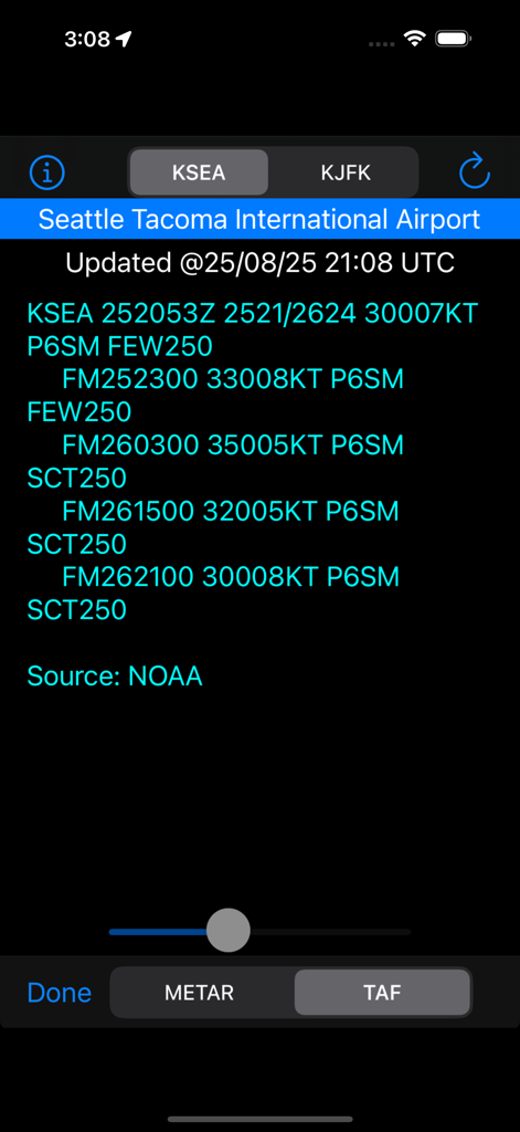 FlyBy Nav - FlyBy Nav app displaying Terminal Aerodrome Forecast TAF for Seattle Tacoma International Airport