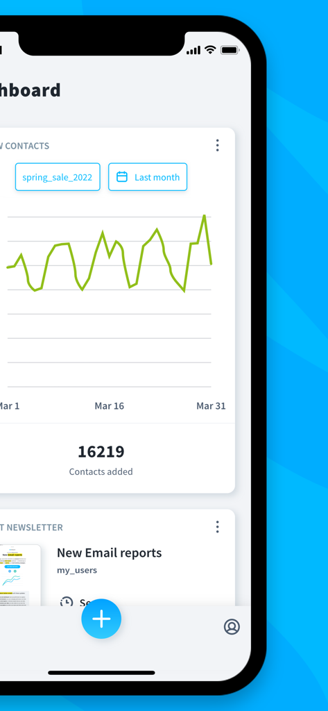 連絡先の成長分析とメールマーケティングレポートを表示するGetResponseモバイルアプリダッシュボード
