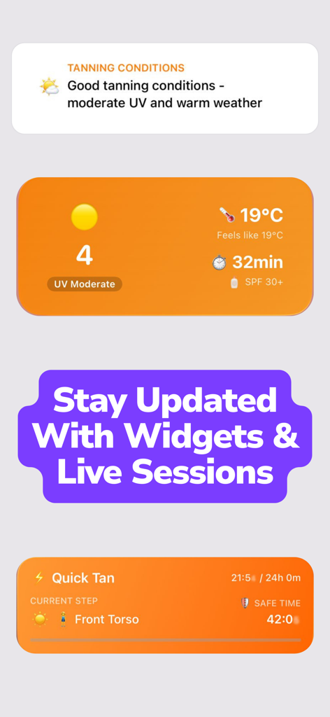Sunglow: Safe Tanning - Widgets do aplicativo Sunglow mostrando temperatura do índice UV e progresso da sessão de bronzeamento ao vivo