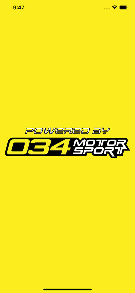 034SPI - Pantalla de presentación de la aplicación móvil 034SPI con el logotipo de 034Motorsport sobre un fondo amarillo brillante.