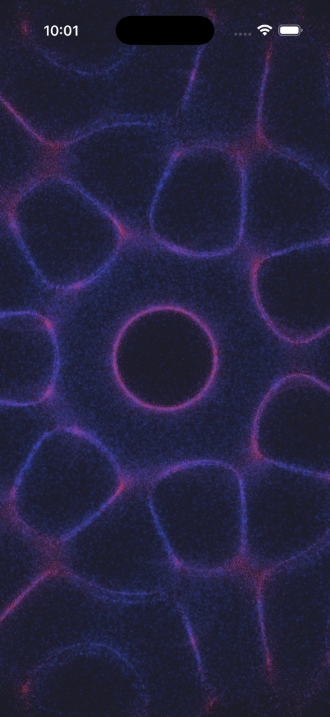 Cymatica: Sounds & Visualizer - A mesmerizing geometric pattern made of thousands of blue and purple glowing sand particles in a physics simulation