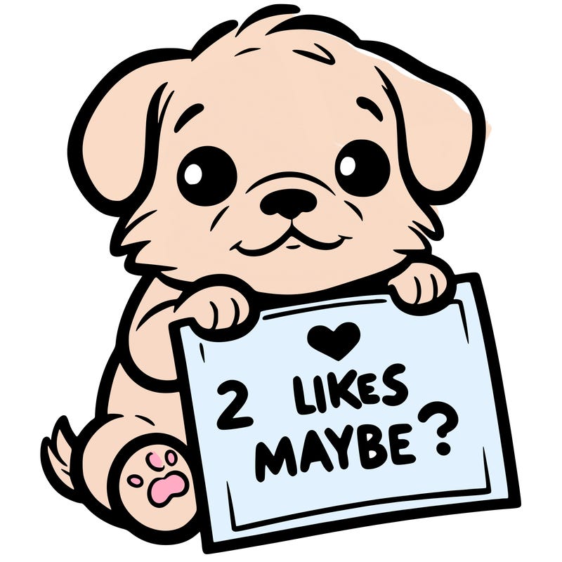 a puppy holding a sign that says 2 likes maybe?