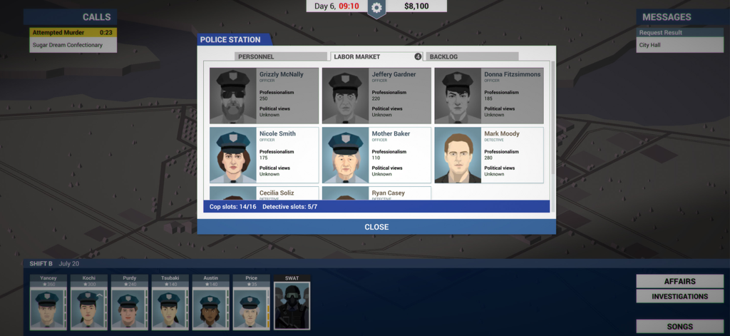 This Is the Police - Personnel management screen in This Is the Police showing the labor market and officer professionalism stats