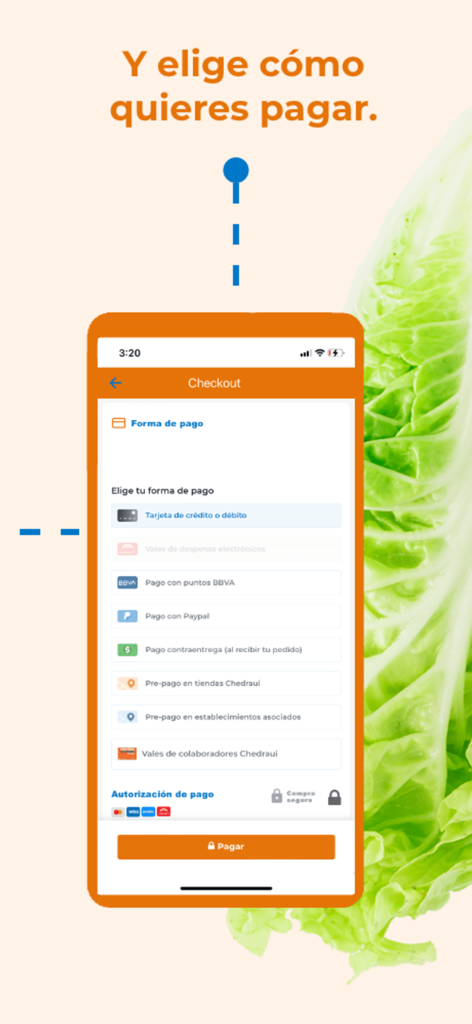 Chedraui mobile app checkout screen displaying multiple payment options including credit cards and PayPal