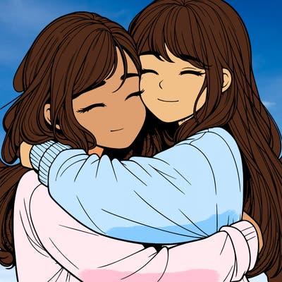 realistic two girls hugging