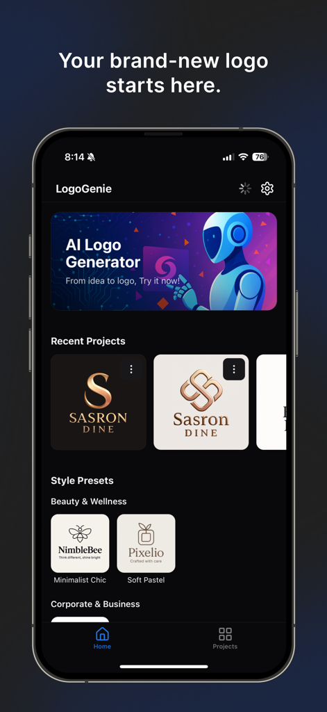 LogoGenie - AI Logo Generator - The home screen of the LogoGenie app displaying AI logo generator options and design style presets.