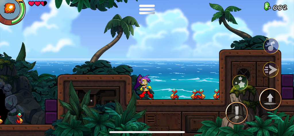 Shantae and the Seven Sirens - Shantae de pie en una plataforma de playa tropical en el juego móvil Shantae and the Seven Sirens