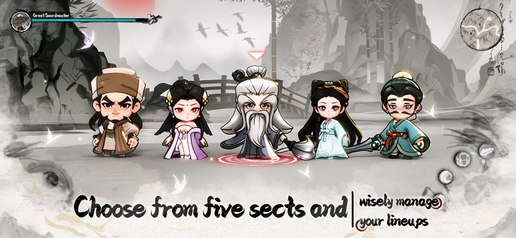 Wuxia Rising Star - Five chibi martial arts characters representing different sects in Wuxia Rising Star