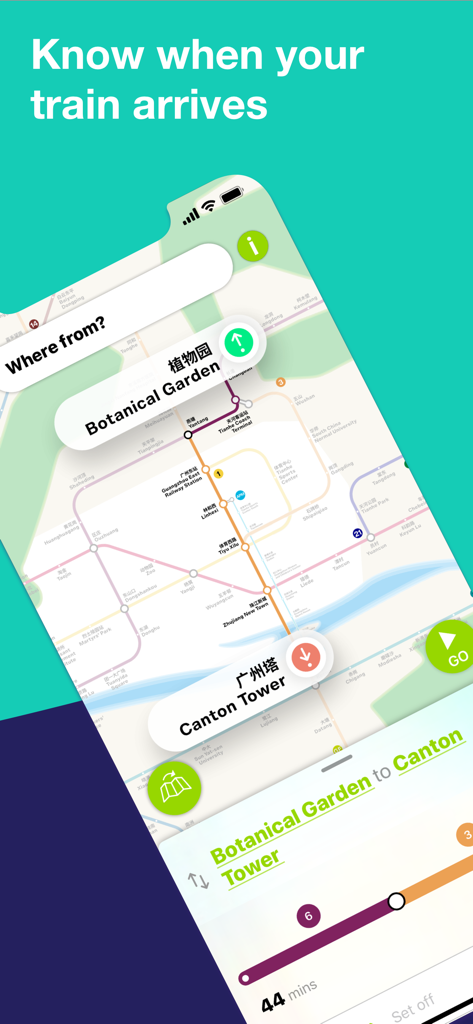 Guangzhou Metro Route planner - Screenshot dell'app Guangzhou Metro che mostra un percorso bilingue dal Giardino Botanico alla Torre di Canton con un tempo di percorrenza di 44 minuti