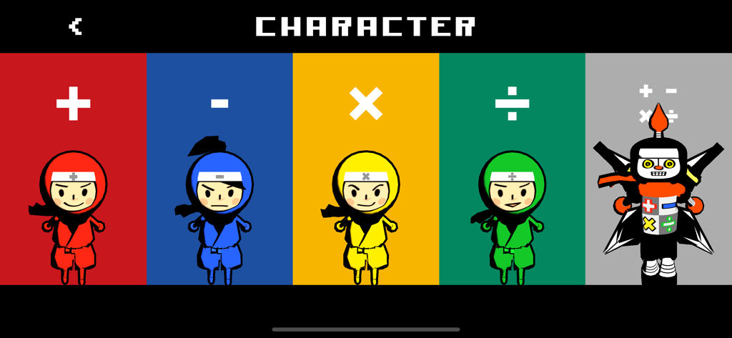 Math Ninjas - Character selection screen showing ninjas for addition subtraction multiplication and division