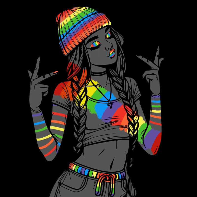 realistic teenage girl with braids and a beanie and crop top doing 🫶🏼