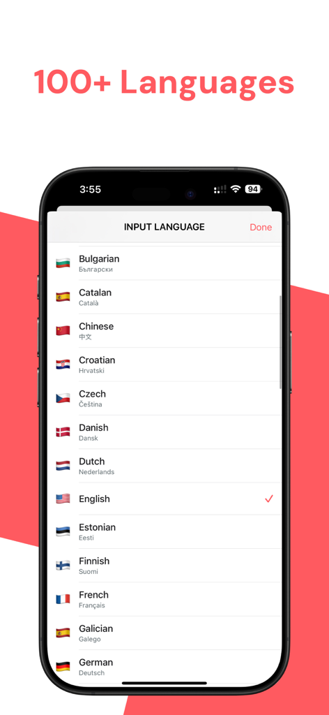 Live Translation: AI Translate - Schermata dello smartphone che mostra una selezione di oltre 100 lingue supportate nell'app Live Translation AI.